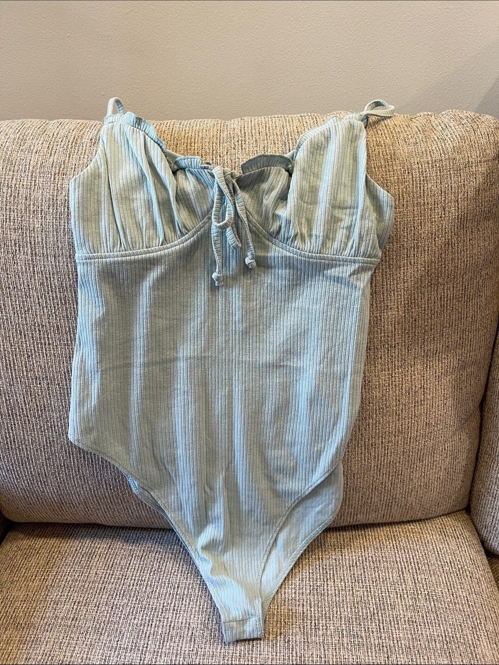 wild fable Light Blue Ribbed Tie-Front Bodysuit